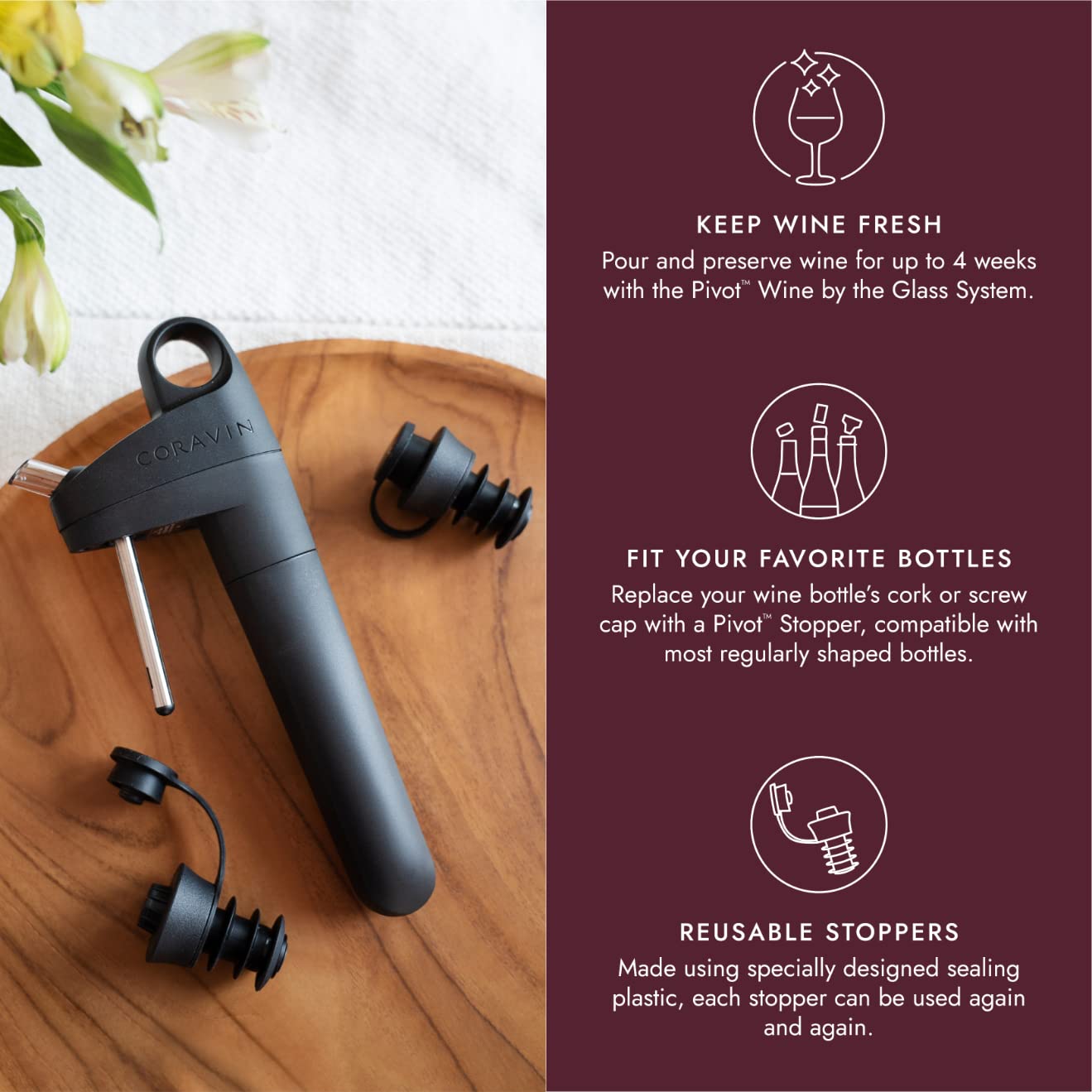 CORAVIN Pivot Stoppers six-pack demonstrates reusable, airtight closure for quick pours.