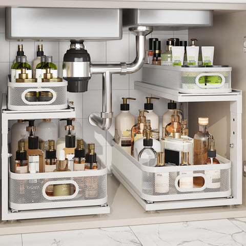 Corbyles under-sink organizer 18.5in depth with two-tier mesh for neat storage.