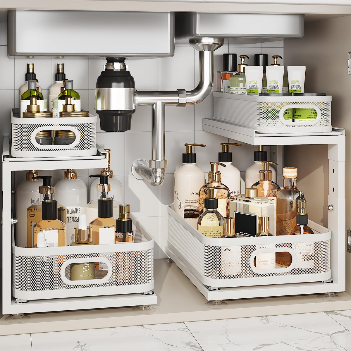 Corbyles under-sink organizer shows a 2-tier pull-out glide for easy cabinet access.