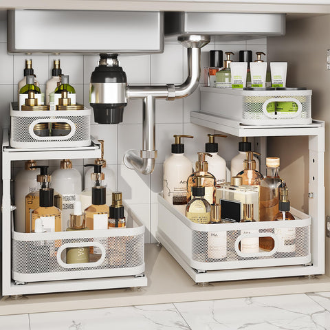 Corbyles under-sink organizer shows a 2-tier pull-out glide for easy cabinet access.