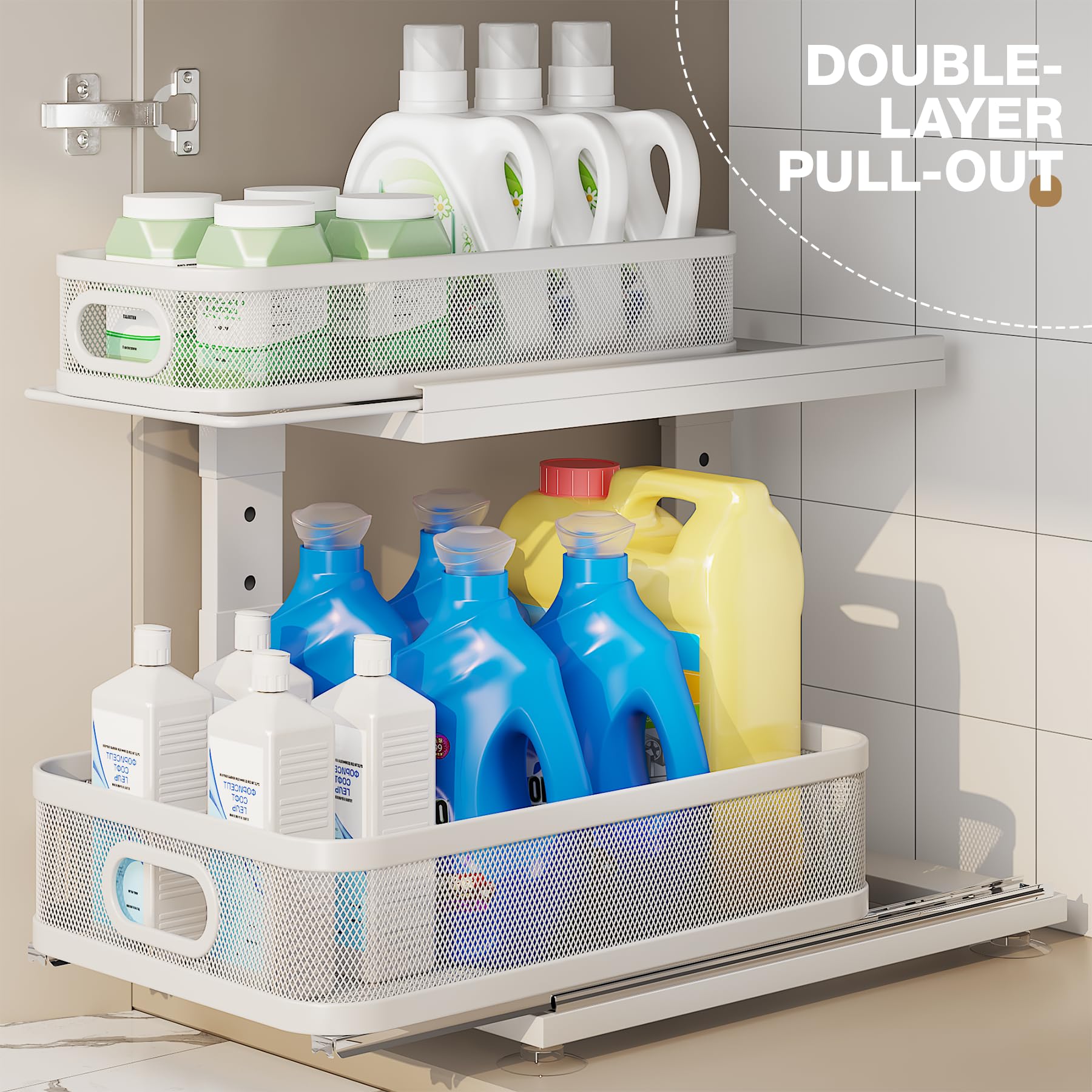 Corbyles under-sink organizer height-adjustable shelf adapts to various cabinet heights.