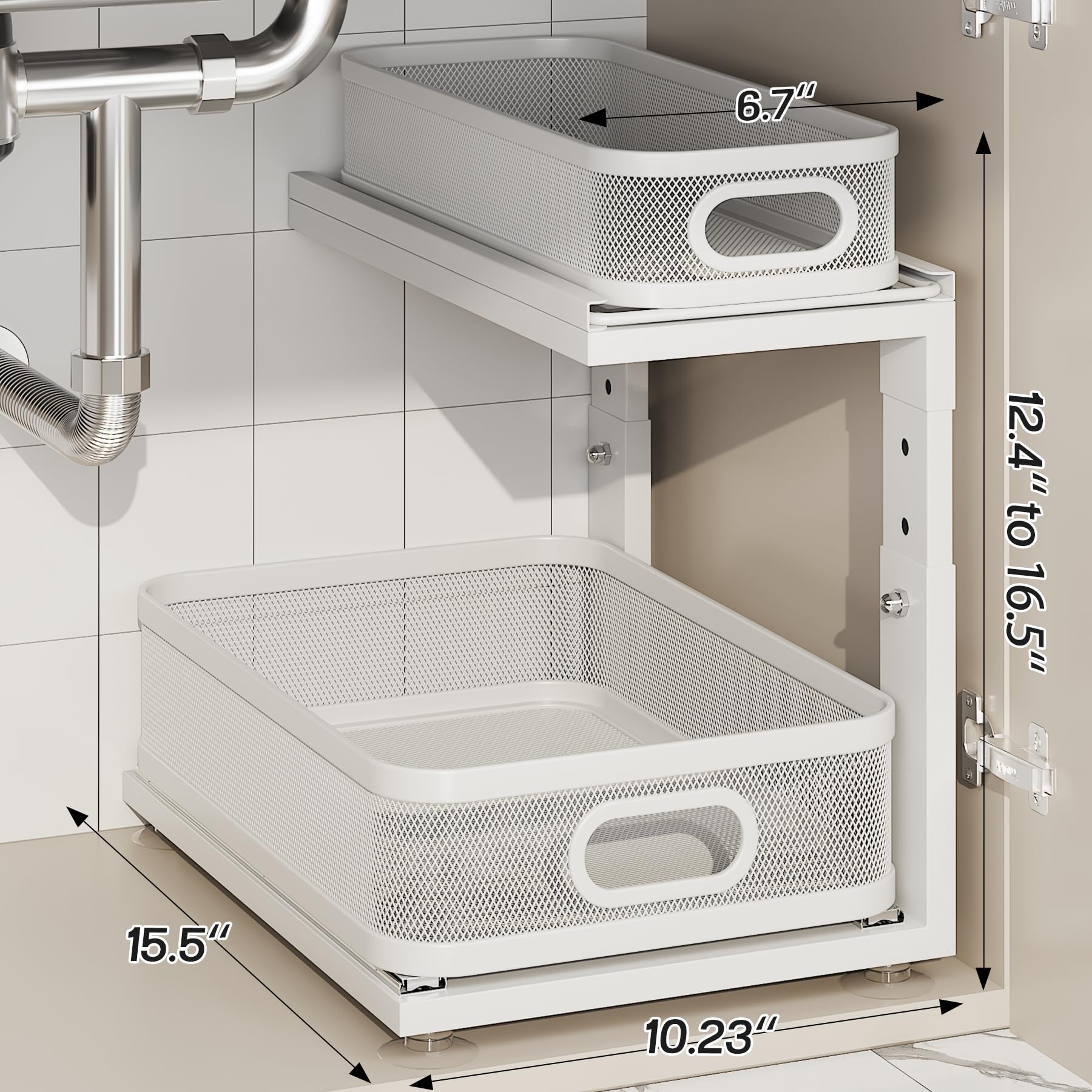 Corbyles under-sink organizer mesh design holds small items securely to prevent slipping.