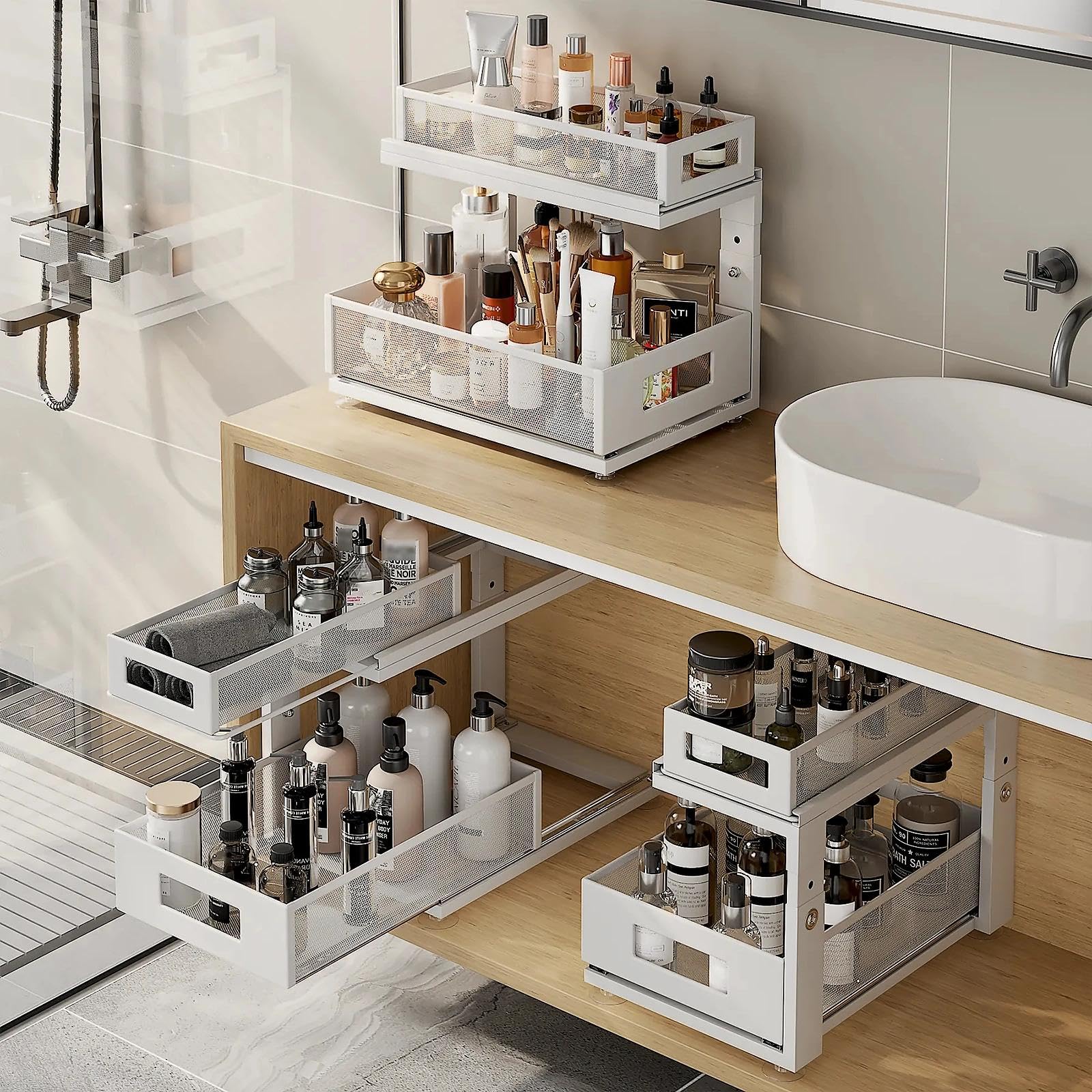 Corbyles durable under-sink organizer supports heavy cleaning supplies.