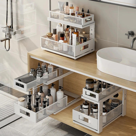 Corbyles durable under-sink organizer supports heavy cleaning supplies.