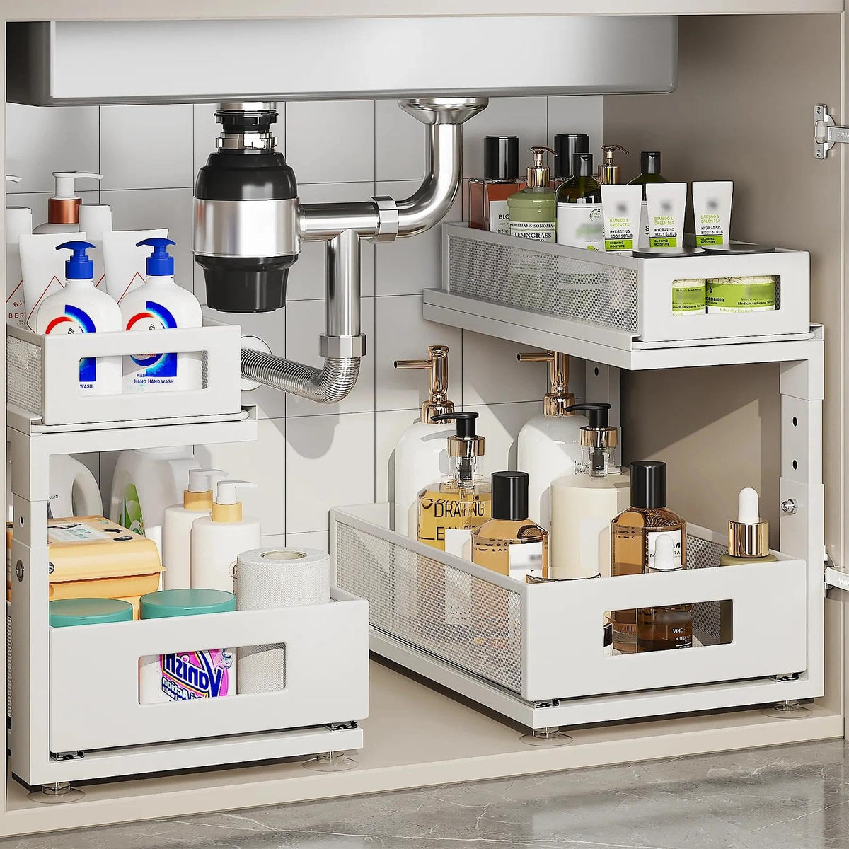 Corbyles under-sink organizer with smooth glides for quiet, easy access.