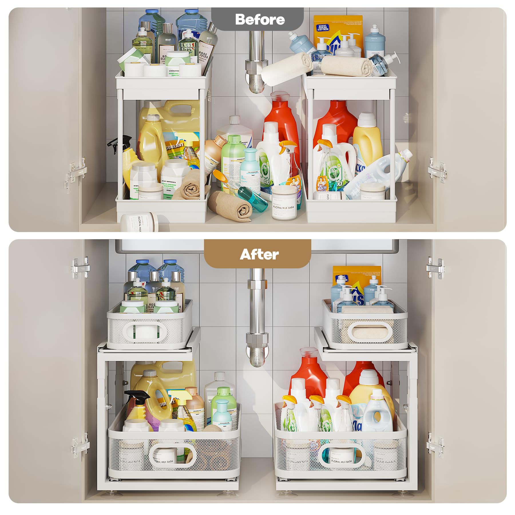 Corbyles under-sink organizer suction cups base stabilizes storage on slick floors.