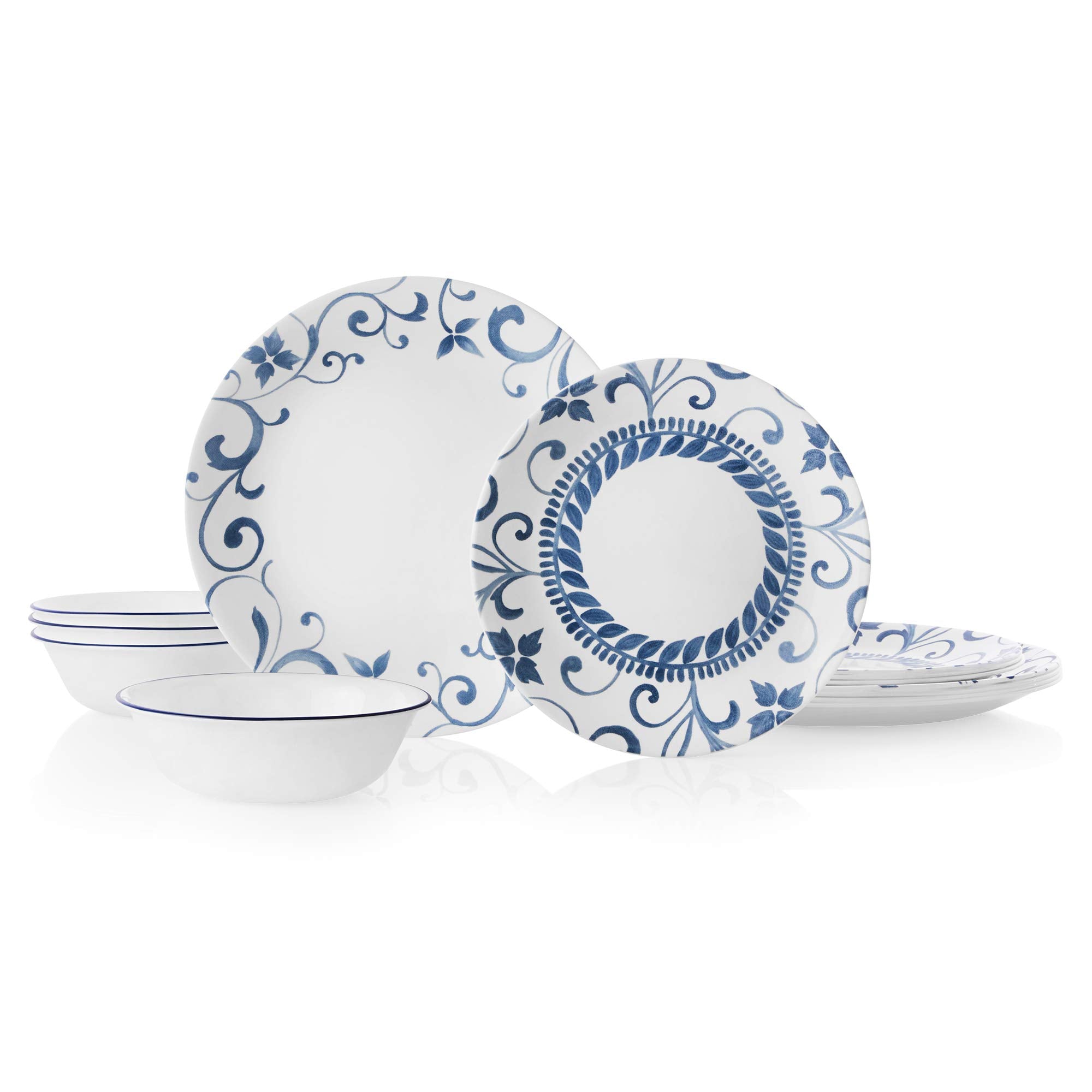 Corelle Artemis 12pc dinner set displayed; durable Vitrelle glass for everyday meals.