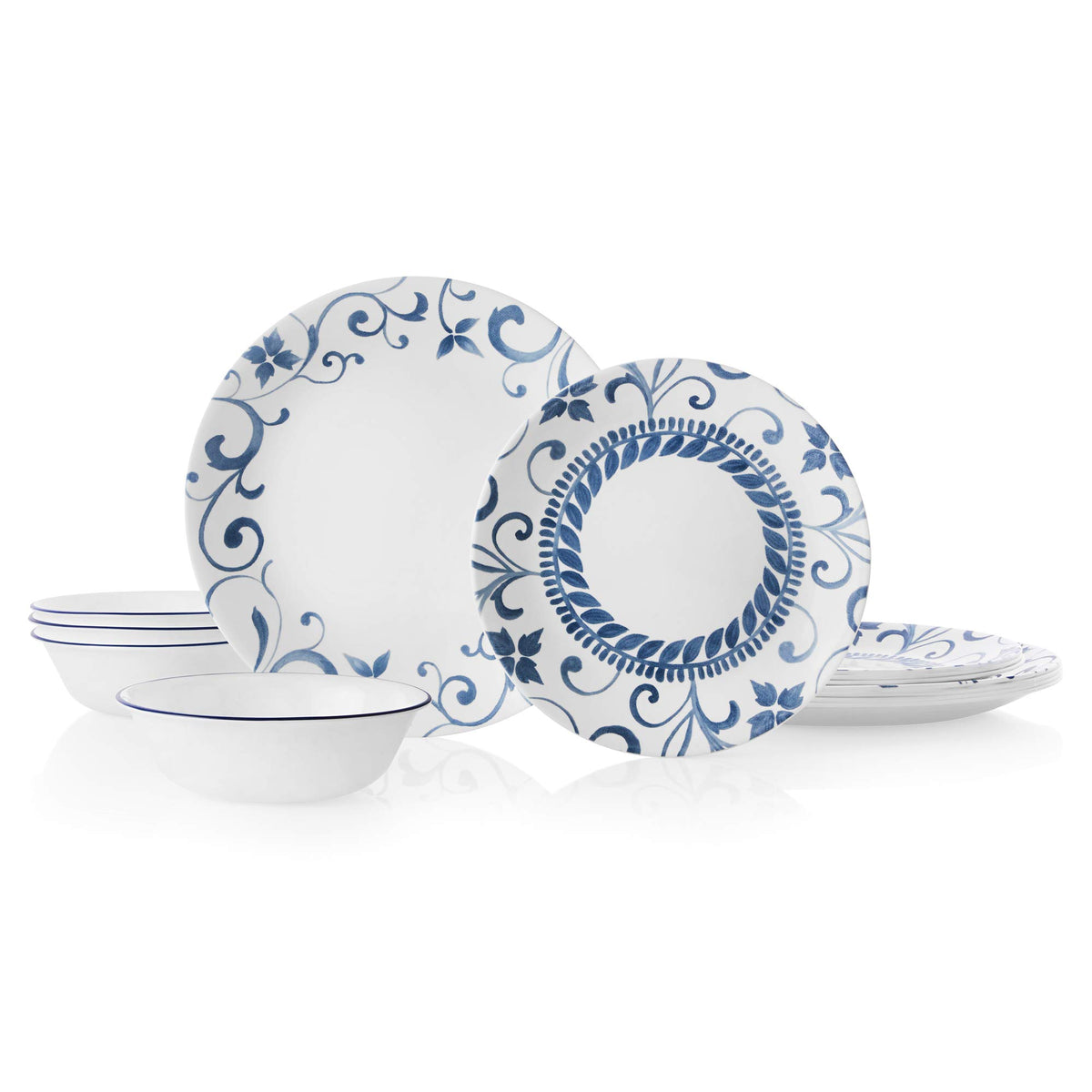 Corelle Artemis 12pc dinner set displayed; durable Vitrelle glass for everyday meals.