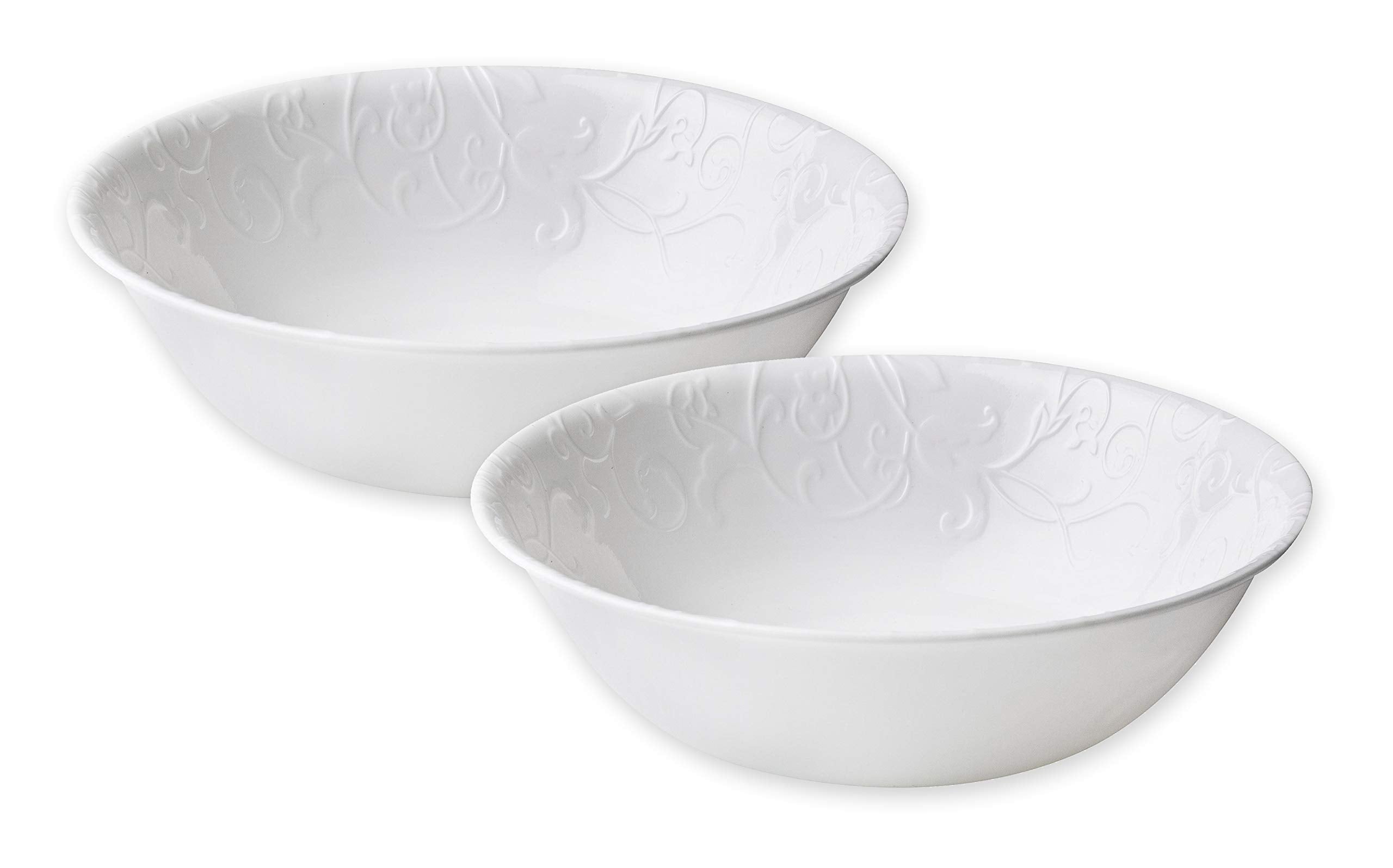 Corelle Bella Faenza 1-qt serving bowls, embossed scrolls, ideal for entertaining.