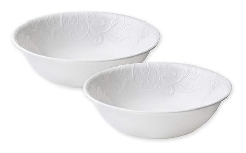 Corelle Bella Faenza 1-qt serving bowls, embossed scrolls, ideal for entertaining.
