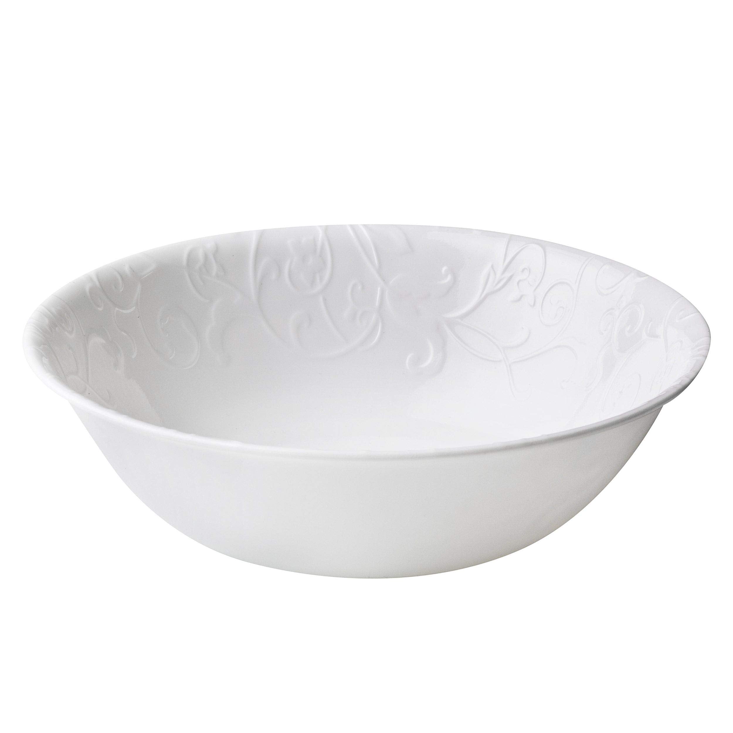 Corelle Bella Faenza 1-qt serving bowl close-up with embossed pattern for elegant entertaining.
