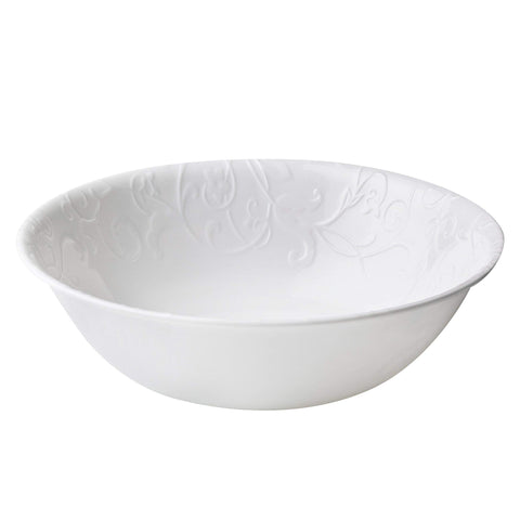 Corelle Bella Faenza 1-qt serving bowl close-up with embossed pattern for elegant entertaining.