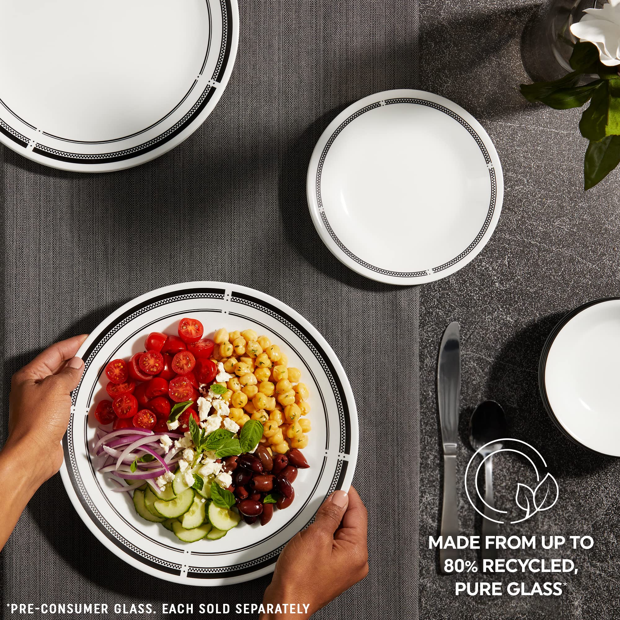 Corelle Brasserie tableware with black rims complements varied decor styles.