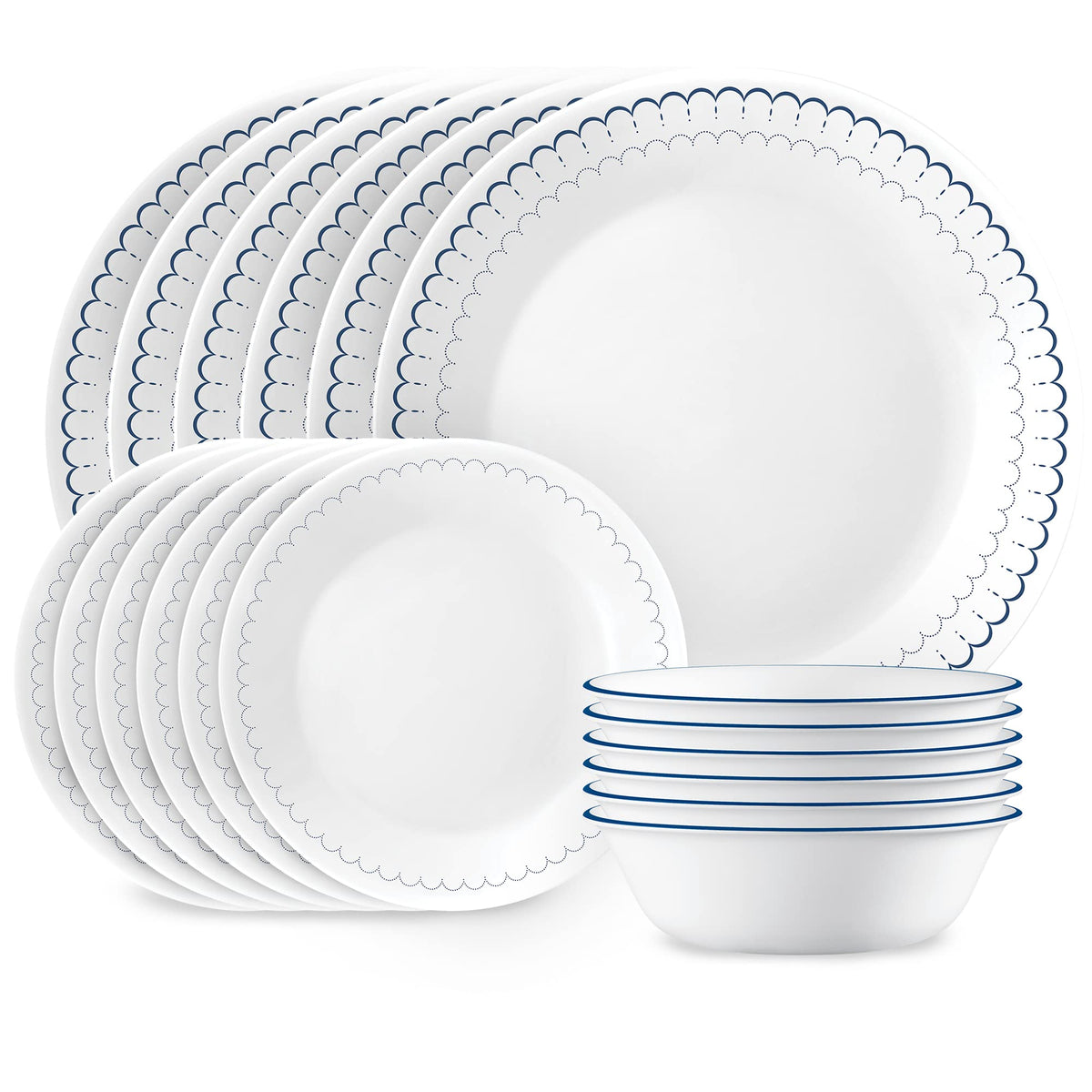 Corelle Caspian dinner plates with navy trim, lightweight for easy daily handling.