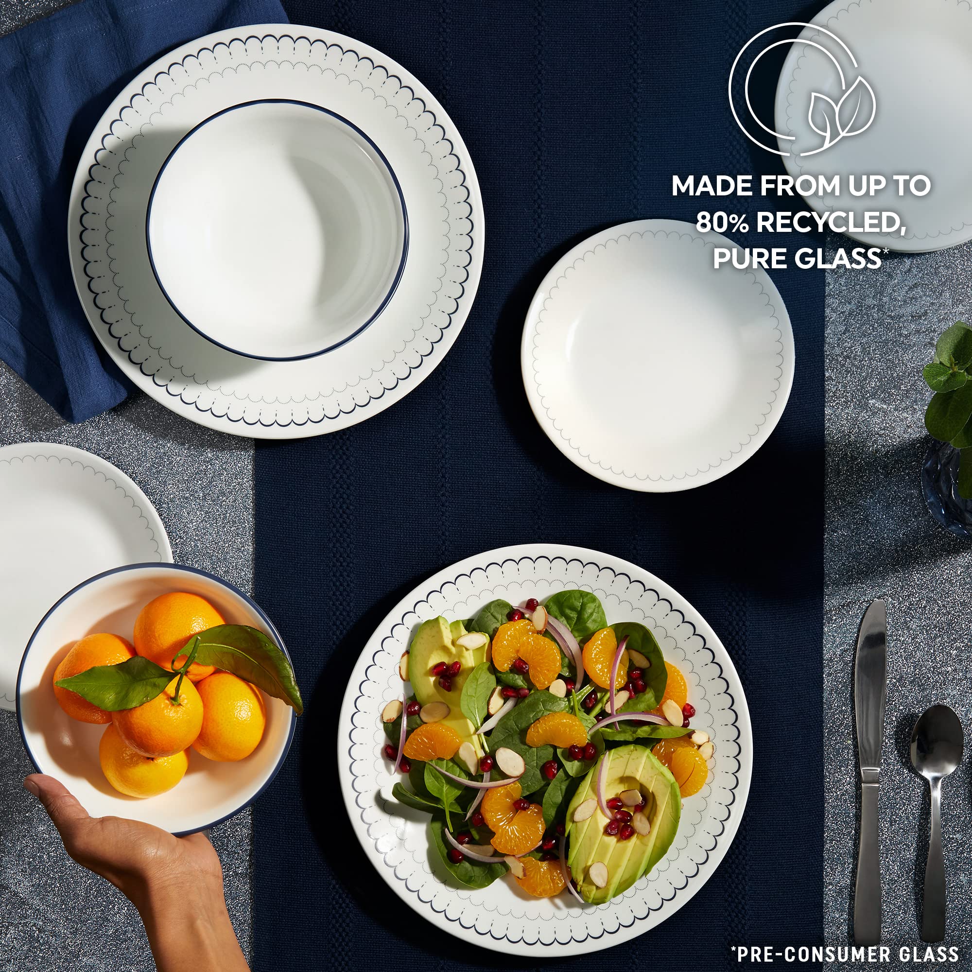 Corelle Caspian stackable design saves cabinet space and simplifies storage.