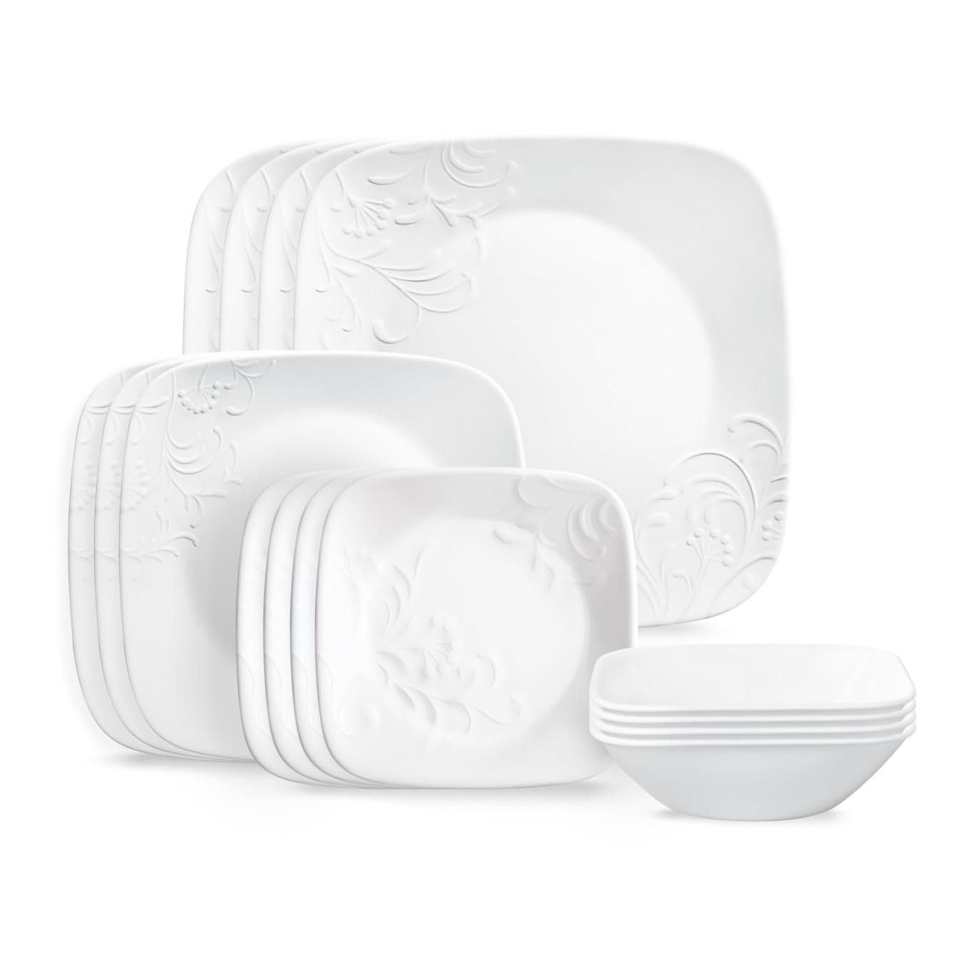 Corelle Cherish 16pc square white dinnerware set, lightweight and versatile for everyday meals.