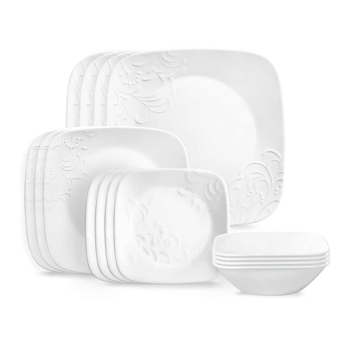 Corelle Cherish 16pc square white dinnerware set, lightweight and versatile for everyday meals.
