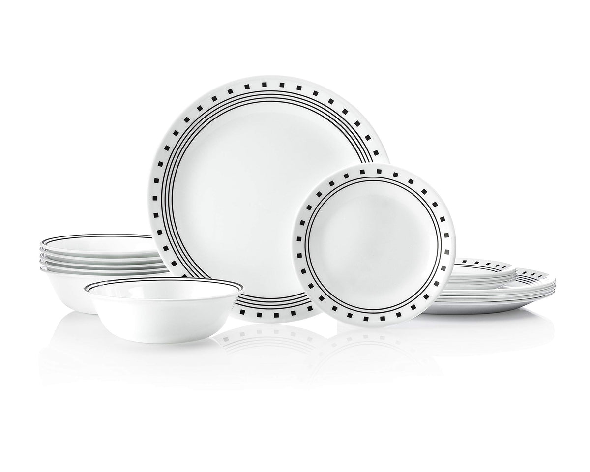Corelle City Block dinner plates with bold stripes elevate everyday meals and style.