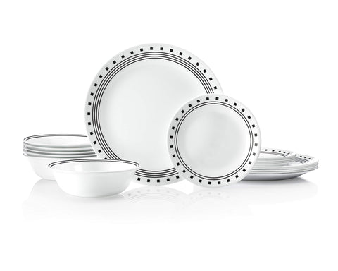 Corelle City Block dinner plates with bold stripes elevate everyday meals and style.