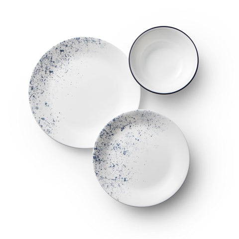 Corelle Indigo Speckle dinner plates showcase painterly blue tones