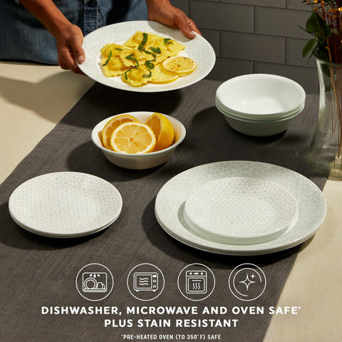 Corelle Knox stack demonstrates space-saving, dishwasher-friendly storage.