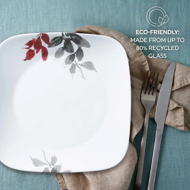 Corelle Kyoto Leaves dining set arranged on table with the bright white finish.
