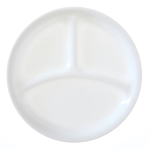 Corelle Livingware divided dish in Winter Frost White, dishwasher-safe for easy cleanup.