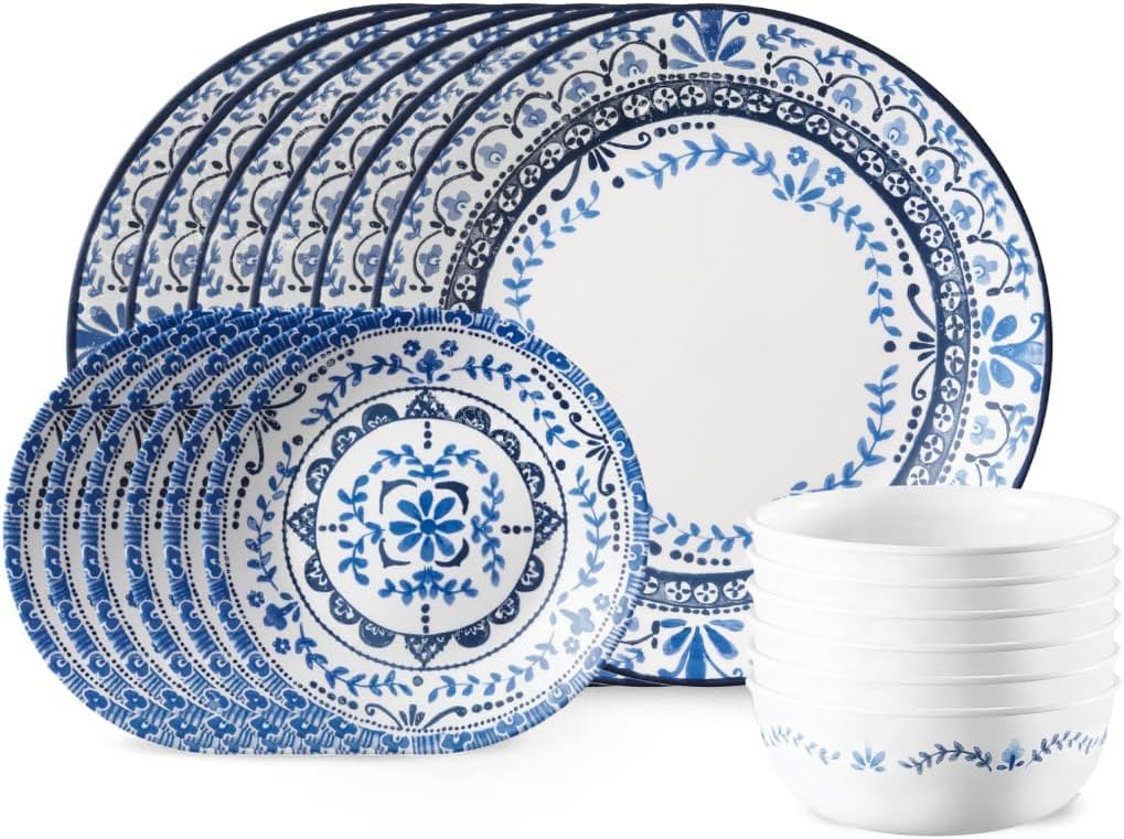 Corelle Portofino 18-piece dinner plates deliver lightweight, chip-resistant durability for daily meals.