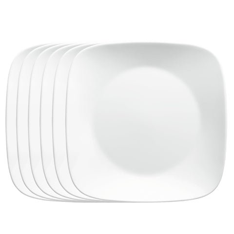 Corelle Square Pure White 9-Inch plates offer timeless dining elegance and easy stacking.