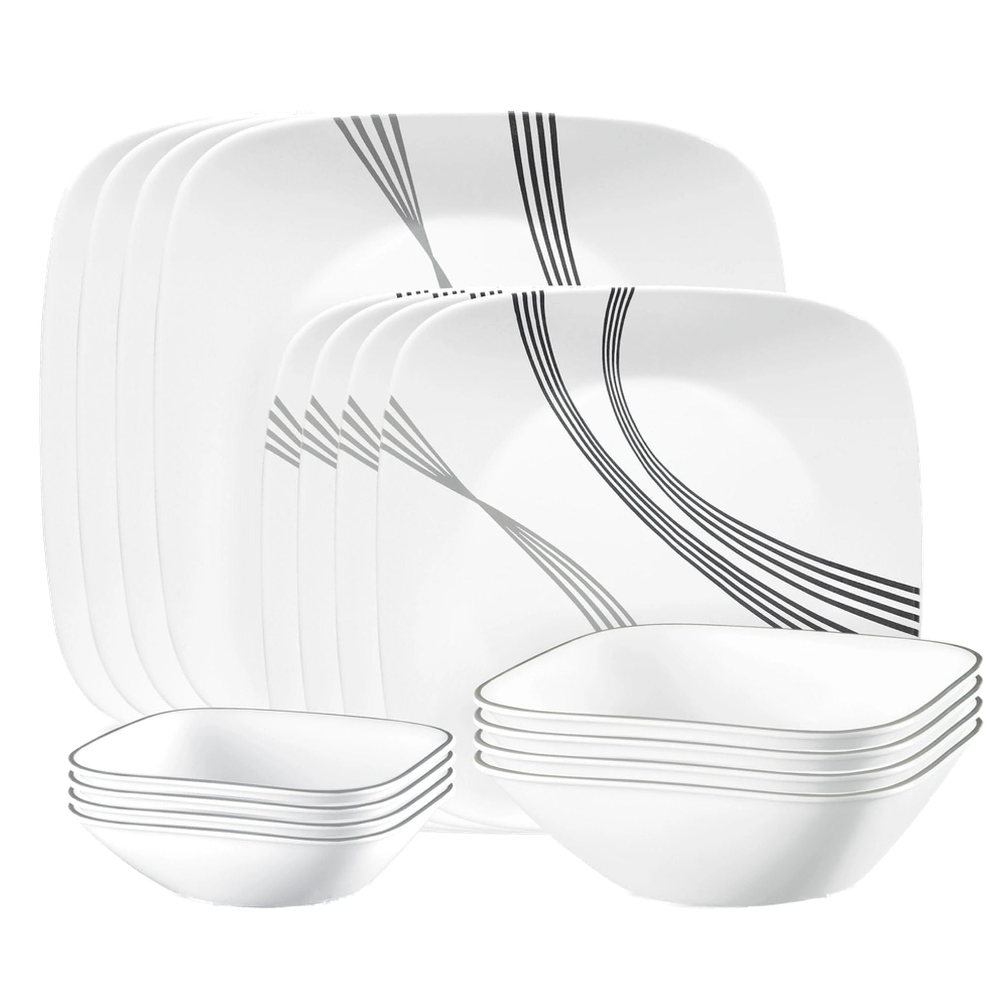Corelle Urban Arc dinner plates with white and gray motif, durable for daily meals.