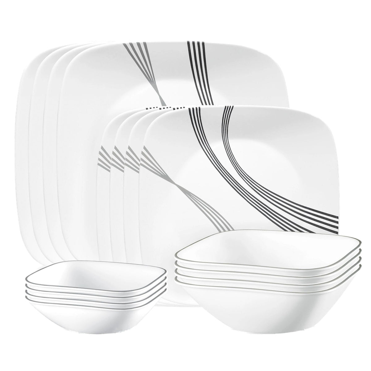 Corelle Urban Arc dinner plates with white and gray motif, durable for daily meals.