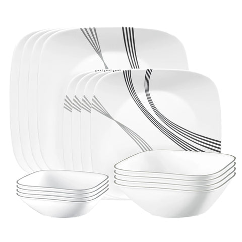 Corelle Urban Arc dinner plates with white and gray motif, durable for daily meals.