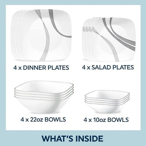 Corelle Urban Arc complete 16pc service for four, versatile dining set.