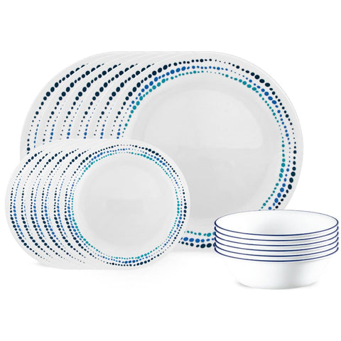 Corelle Vitrelle dinner plates in ocean blue offer a modern, lightweight dining look.