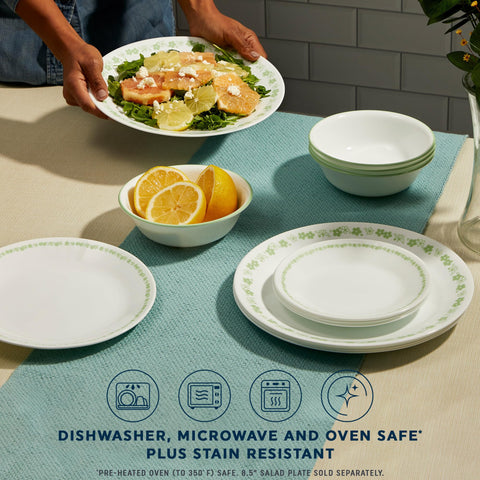 Corelle Vitrelle service for 6 in Spring Blossom Green for family dinners