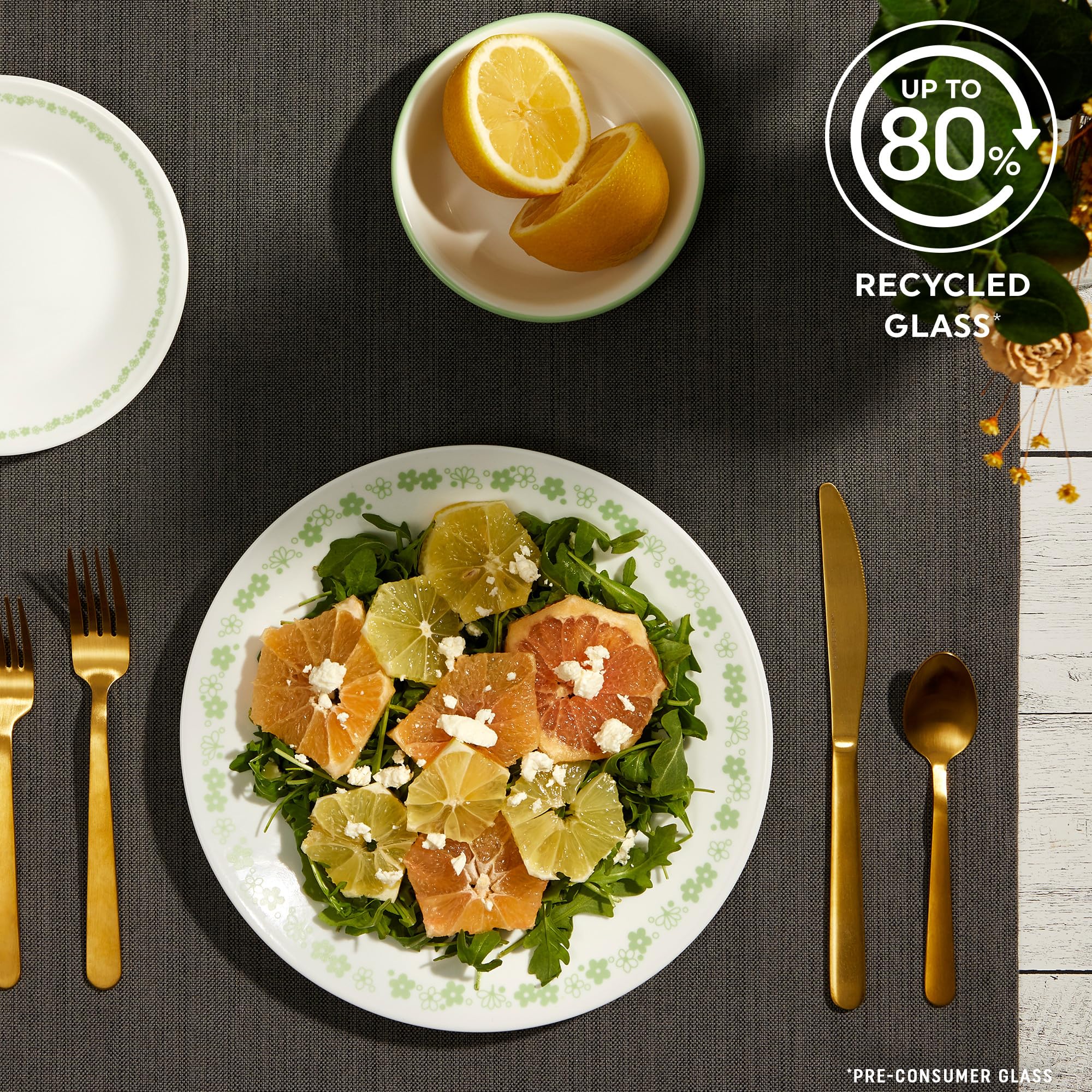 Corelle Vitrelle stackable design in Spring Blossom Green saves space