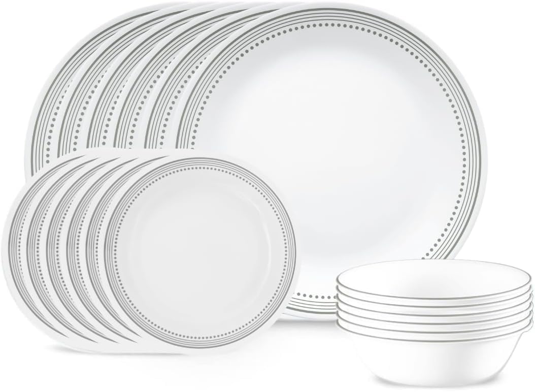 Corelle Vitrelle 18-piece set with dove-gray border for everyday dining.