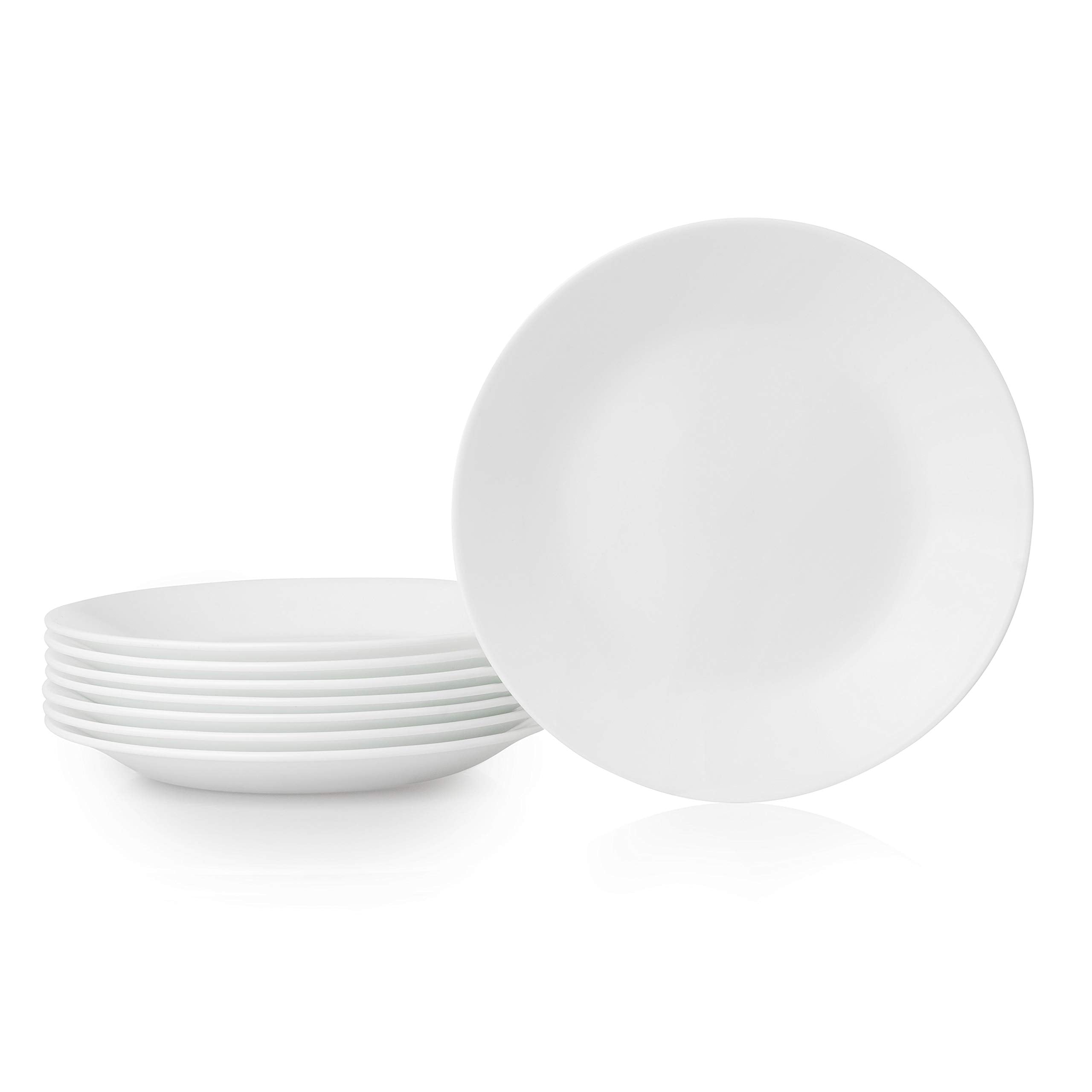 Corelle Vitrelle 8-piece Winter Frost White plates; lightweight and chip resistant for everyday meals.
