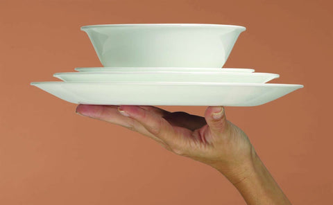 Corelle Winter Frost White 32cm serving platter stacked display illustrating space-saving design.