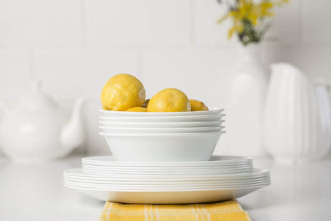 Corelle Winter Frost White dining set displayed on table for versatile meals