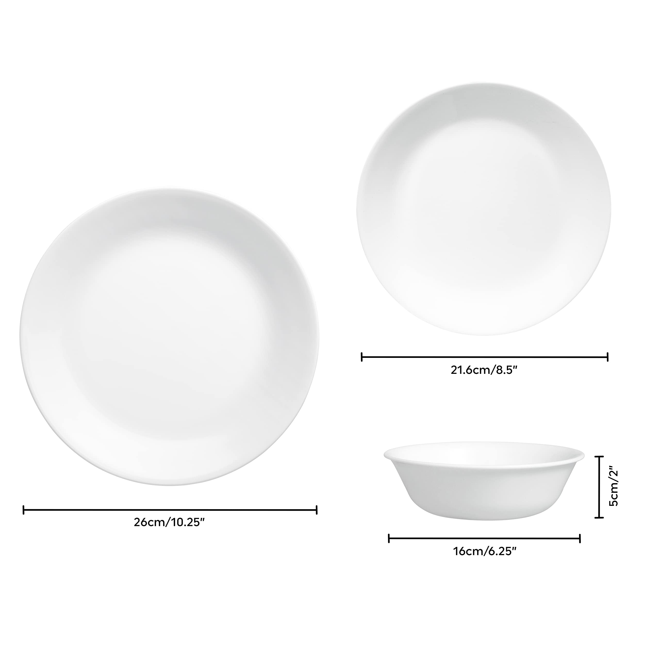 Corelle Winter Frost White side plate 21.6cm, compact and stackable.