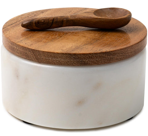 Cork & Mill white marble salt cellar with base for stable countertop storage.