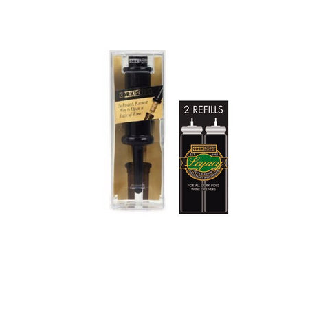 Cork Pops Original Wine Opener in black opens bottles quickly with a push-button release.