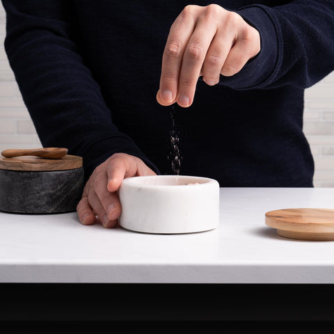 Cork & Mill bowls with acacia wood lid and spoon for moisture-resistant spice storage.