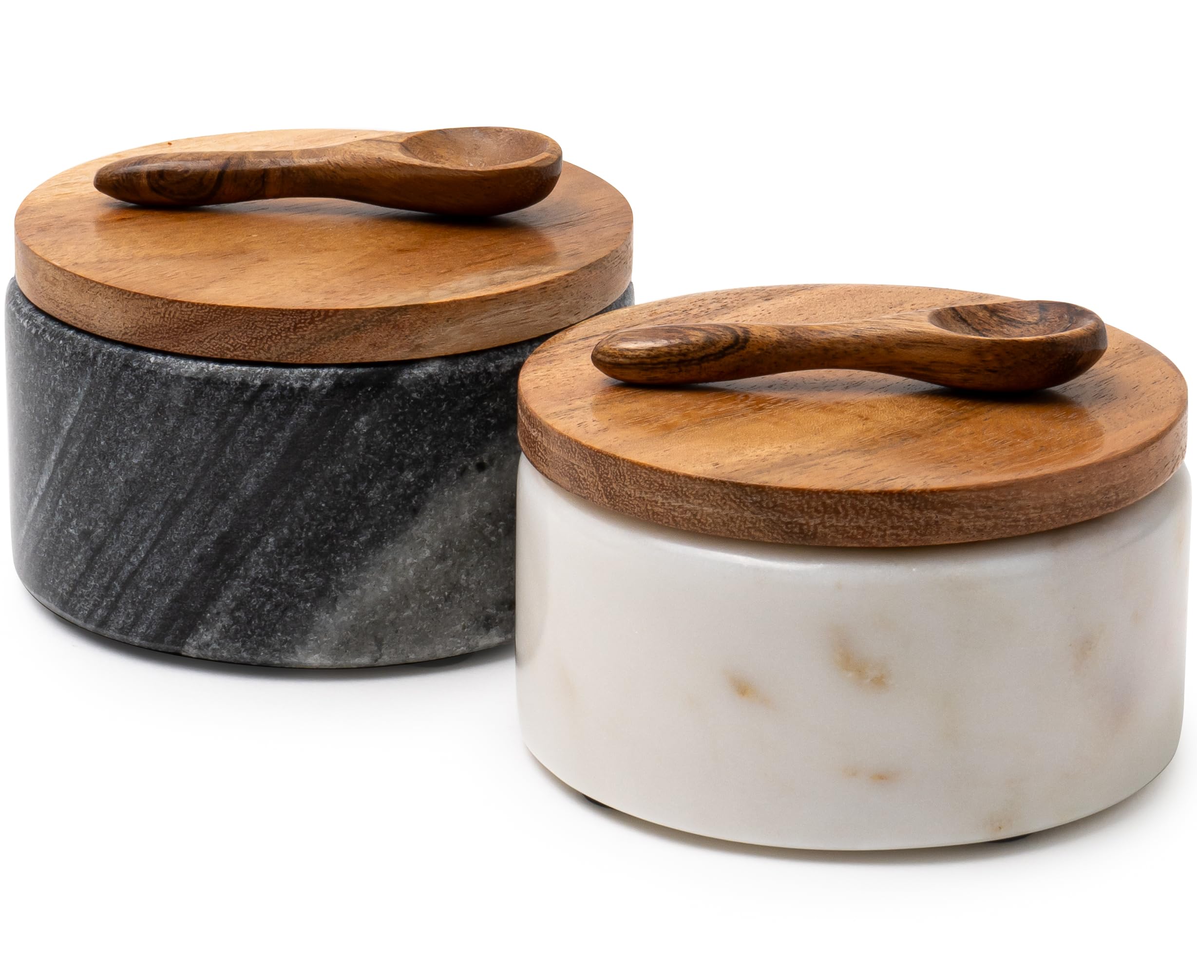 Cork & Mill marble salt and pepper bowls set on kitchen counter for elegant seasoning.