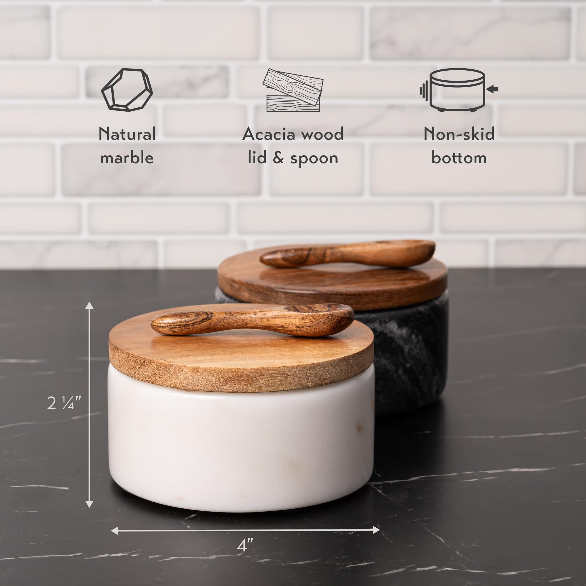 Cork & Mill solid marble bowls with non-skid base provide stable countertop storage.