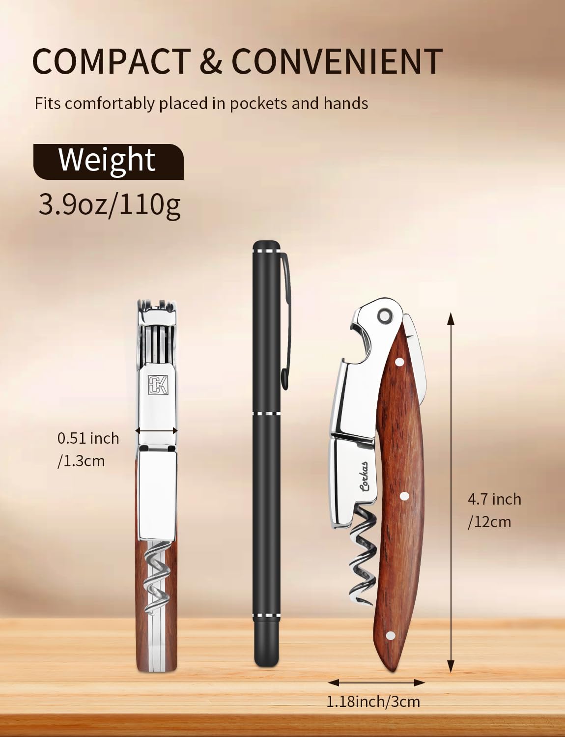 Polished mirror finish on the CORKAS corkscrew for premium presentation