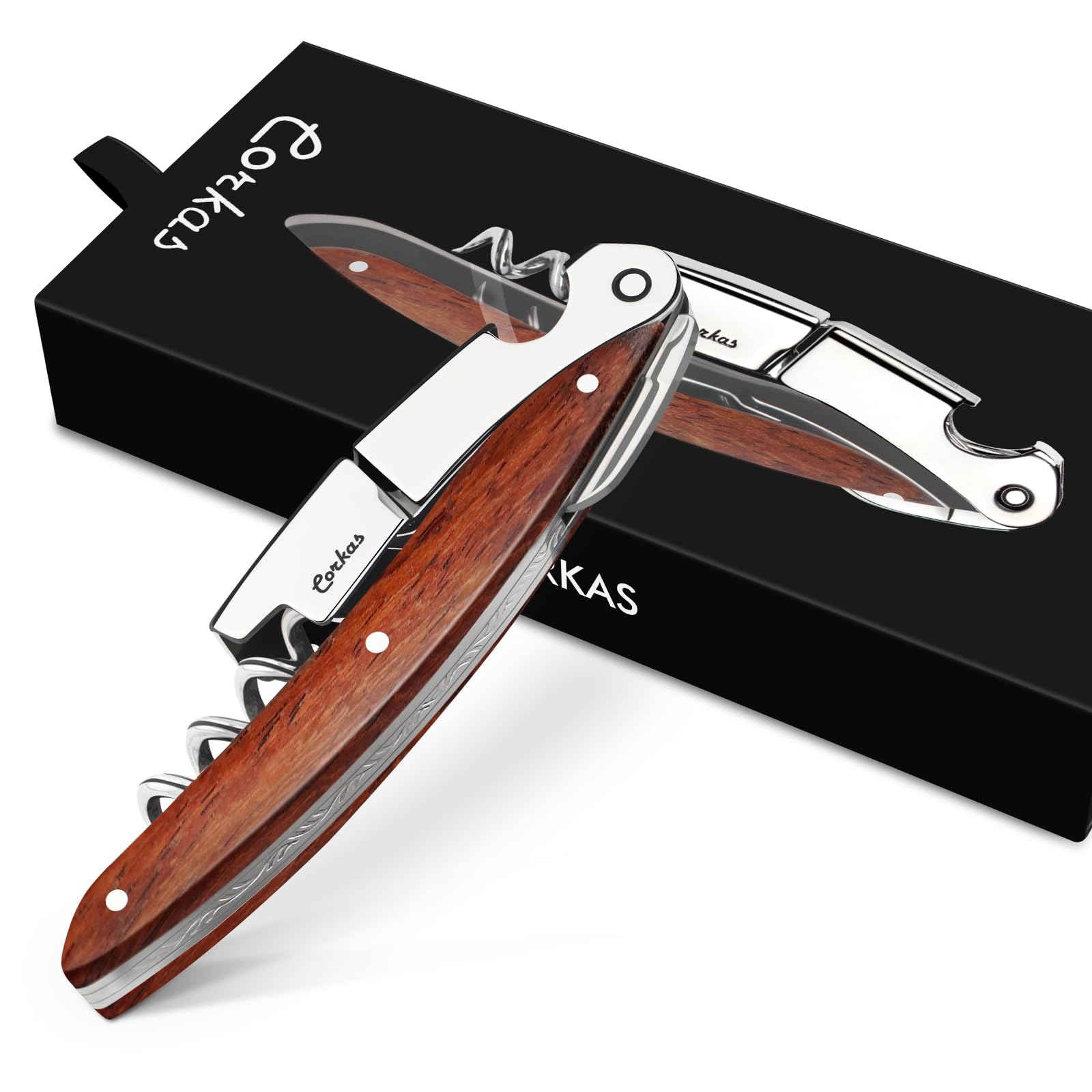 CORKAS Prestige Waiter Corkscrew with rosewood handle ready for premium wine service
