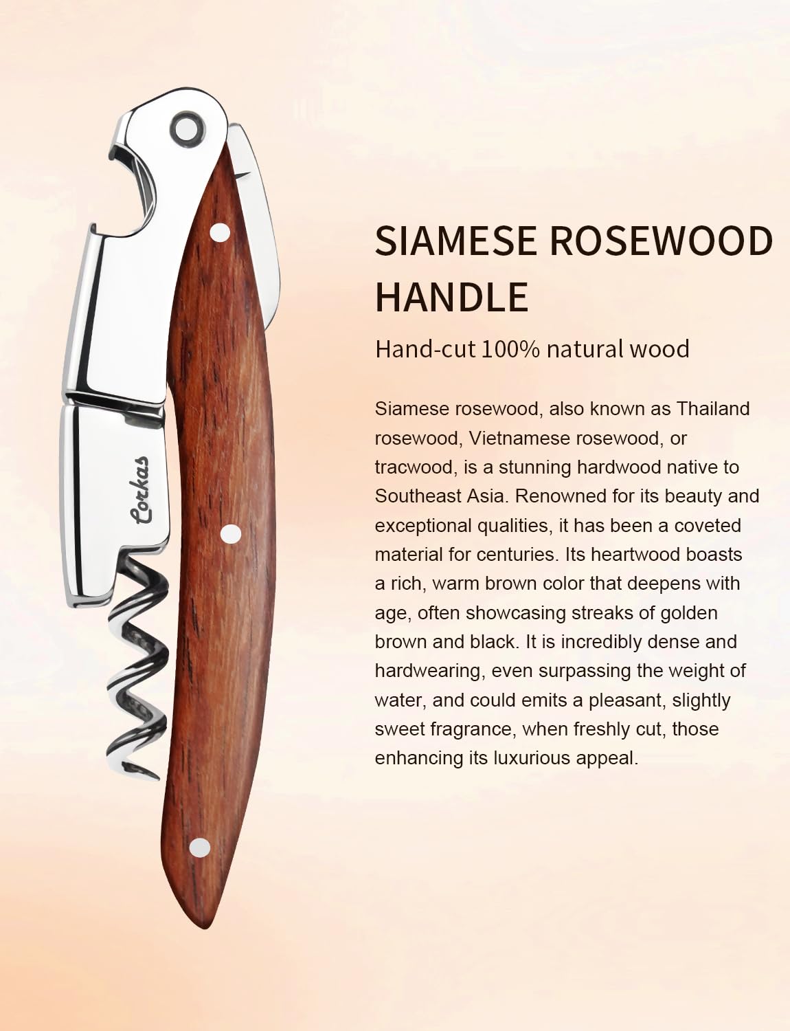 CORKAS rosewood ergonomic handle delivers comfortable grip during long shifts