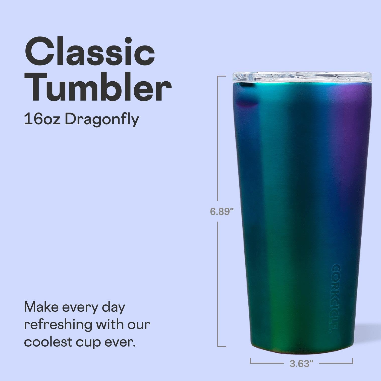 Corkcicle Classic Dragonfly tumbler side view with flat easy-grip sides for on-the-go